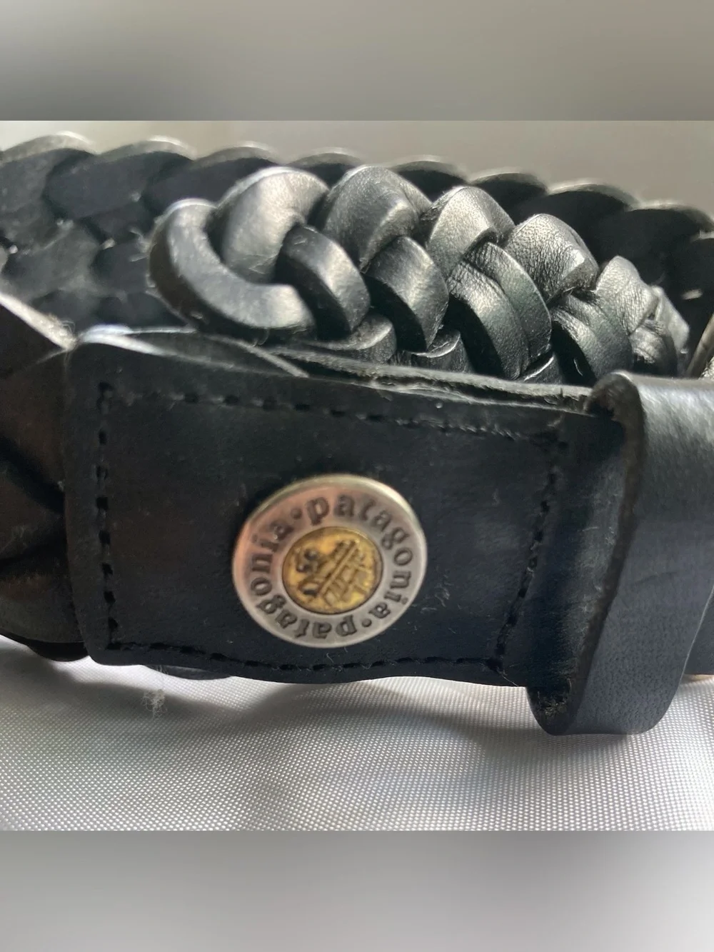 Patagonia Vintage 80’s Black Braided Leather Belt Size 34 USA 7600 Crest Mt.Logo